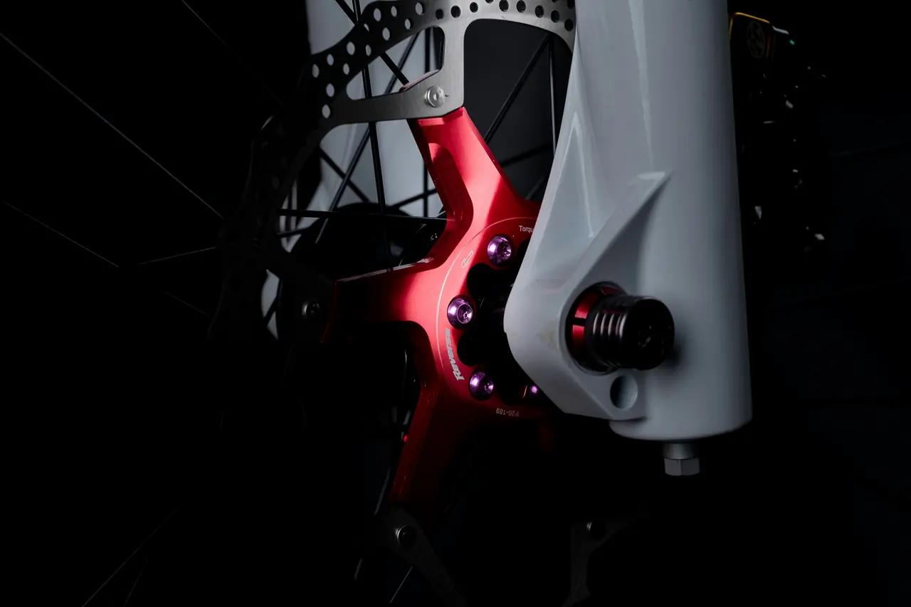 Disc brake rotor bolted to the front hub, next to a white suspension fork