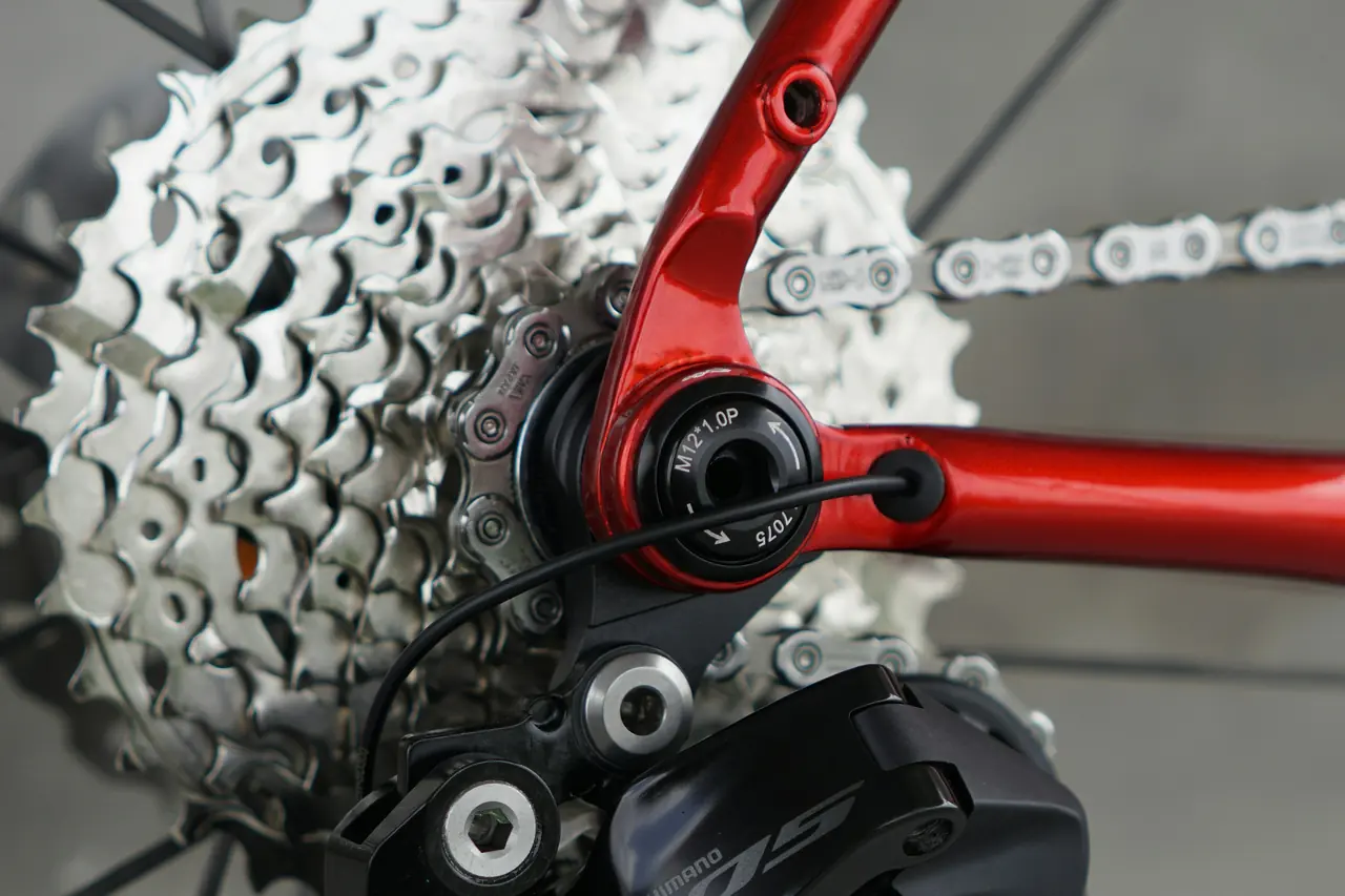 Rear cassette with many sprockets of different sizes, mounted on the rear wheel