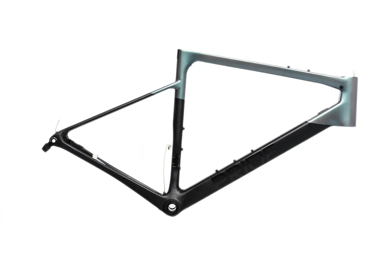 Bare carbon road bike frame on a white background